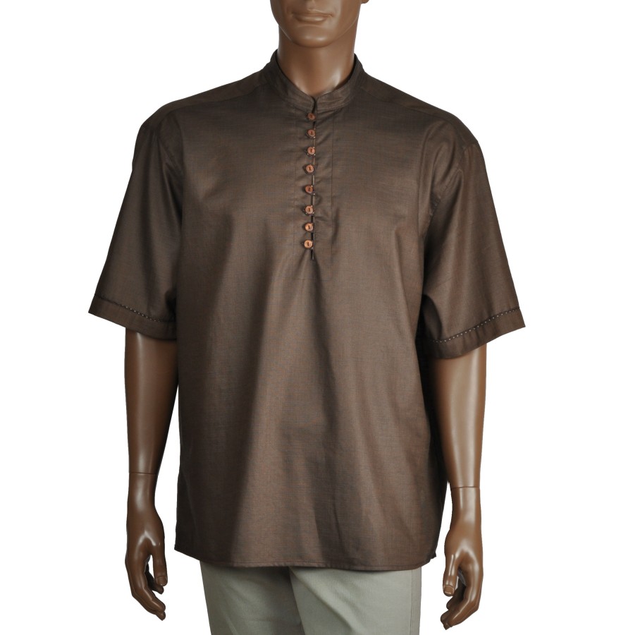 Brown henley cut dress shirt with short sleeves and mandarin collar